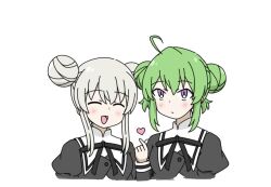2girls :d ^_^ ahoge alternate_hairstyle arm_at_side assault_lily black_ribbon blush buttons closed_eyes commentary_request cropped_jacket double_bun egawa_kusumi finger_heart green_hair grey_hair hair_between_eyes hair_bun hand_up juliet_sleeves long_sleeves looking_at_viewer matching_hairstyle multiple_girls neck_ribbon open_mouth puffy_sleeves purple_eyes ribbon school_uniform short_hair short_hair_with_long_locks side-by-side simple_background smile tanaka_ichi unu_(yayoinoasagohan) white_background yurigaoka_girls_academy_school_uniform