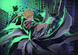 Rule 34 | armor, battle, bleach, bleach: sennen kessen-hen, building, debris, dual wielding, eladb art, fighting stance, furrowed brow, highres, holding, holding sword, holding weapon, japanese armor, kurosaki ichigo, male focus, orange hair, shinigami, short hair, shoulder armor, skyscraper, spiked hair, sword, true zangetsu (shikai), twitter username, weapon, zanpakutou