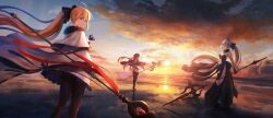 3girls aesc_(fate) aesc_(savior)_(fate) artoria_pendragon_(fate) asagi_futsuka black_dress black_pants black_ribbon blonde_hair blue_eyes blue_ribbon breasts capelet cleavage cloud cloudy_sky dress dual_persona fate/grand_order fate_(series) hair_ribbon highres holding holding_staff long_hair looking_at_another looking_back morgan_le_fay_(fate) multiple_girls pants ponytail ribbon sky staff staff_of_selection_(fate) sunset tiara twintails very_long_hair white_capelet white_dress white_hair wide_sleeves
