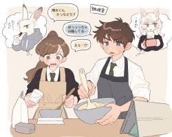 2boys 2girls animal_ears apron baking black_apron black_sweater blue_eyes body_fur bowl box brown_apron brown_background brown_eyes brown_hair chocolate collared_shirt commentary_request dog_ears dog_girl eating furry furry_female gift green_necktie grey_eyes grey_hoodie hands_up highres holding holding_box hood hoodie long_hair long_sleeves looking_at_object multiple_boys multiple_girls necktie open_mouth original ponytail rabbit_boy rabbit_ears rata_(norahasu) shirt short_hair simple_background speech_bubble sweater table tablet_pc thought_bubble translation_request upper_body white_fur white_shirt