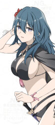 1girl bikini black_bikini blue_eyes blue_hair breasts capelet cleavage female_byleth_(fire_emblem) fire_emblem fire_emblem:_three_houses fire_emblem_heroes flower hair_flower hair_ornament highres komurice large_breasts long_hair looking_at_viewer nintendo parted_lips pink_ribbon ribbon sideboob simple_background solo stomach swimsuit white_background wrist_ribbon