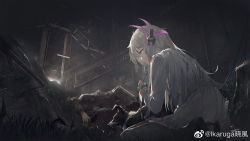 1girl dog dress hair_ornament junk light liv:_eclipse_(pgr) liv_(pgr) long_hair long_sleeves messy_hair open_mouth punishing:_gray_raven purple_eyes railing sitting stairs warehouse watermark weibo_watermark white_dress white_hair xiao_feng