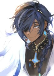 Rule 34 | 1boy, black shirt, blue eyes, blue hair, braid, closed mouth, diamond-shaped pupils, diamond (shape), earrings, eyepatch, genshin impact, gold trim, hair behind ear, highres, jewelry, kaeya (genshin impact), kaeya (sailwind shadow) (genshin impact), long hair, looking at viewer, male focus, one eye covered, parted bangs, piercing, runpa run, shirt, simple background, single braid, smile, solo, symbol-shaped pupils, upper body, very long hair, white background, white fur