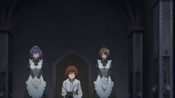 1boy 2girls ahoge anime_screenshot breasts brown_hair hair_over_one_eye highres kaifuku_jutsushi_no_yarinaoshi_~sokushi_mahou_to_skill_copy_no_chouetsu_heal~ keyarga_(kaiyari) large_breasts maid maid_(kaiyari) multiple_girls non_porn purple_hair smile tagme twintails