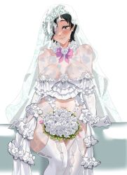 1girl black_hair blush boji_norn breasts bridal_lingerie bridal_veil chainsaw_man crop_top dress elbow_gloves eyepatch flower gloves himeno_(chainsaw_man) large_breasts lingerie short_hair sitting thighhighs underwear veil wedding_dress