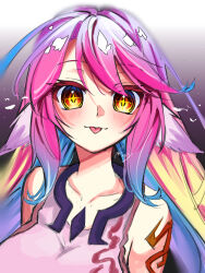 1girl :p animal_ears bird_ears breasts collarbone commentary_request gradient_hair highres jibril_(no_game_no_life) large_breasts long_hair looking_at_viewer multicolored_eyes multicolored_hair naughty_face no_game_no_life orange_eyes pink_hair shun_shuri smile solo tattoo tongue tongue_out wing_ears yellow_eyes