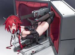 Rule 34 | 1girl, applying gag, arms behind back, ball gag, black dress, black thighhighs, breasts, cleavage, dildo gag, dress, elbow gloves, full body, gag, gloves, highres, hogtie, kumachi (aikawaakeya), long hair, low twintails, neptune (series), red eyes, red hair, restrained, skindentation, small breasts, solo, stationary restraints, tennouboshi uzume, thighhighs, twintails, very long hair