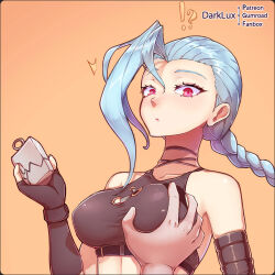 !? 1girl arcane:_league_of_legends artist_name bare_shoulders braid breasts closed_mouth darklux explosive green_hair grenade highres holding holding_grenade jinx_(league_of_legends) large_breasts league_of_legends long_hair looking_at_viewer pink_eyes solo_focus upper_body
