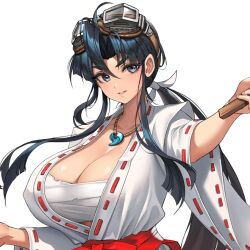 1girl 2v_(joyeong) blue_hair breasts cleavage covered_erect_nipples female_focus forehead game_cg goggles goggles_on_head hair_between_eyes hair_intakes holding huge_breasts japanese_clothes kimono large_sleeves last_origin long_hair low_ponytail magatama magatama_necklace necklace official_art open_clothes open_kimono ponytail sarashi sengoku_ace sengoku_blade smile thick_eyebrows togashi_koyori transparent_background upper_body white_kimono wide_sleeves