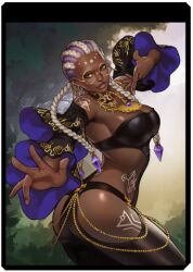 1girl ass ass_cutout bent_over bodypaint braid braided_ponytail breasts cleavage clothing_cutout collar curvy dark-skinned_female dark_skin dolores_(kof) dress female_focus from_behind glasses gold green_eyes jewelry large_breasts long_hair long_sleeves looking_back multicolored_hair nature nature_background necklace outdoors panties purple_hair revealing_clothes round_eyewear shiny_clothes shiny_skin standing the_king_of_fighters thighs tree two-tone_hair underwear very_dark_skin white_hair