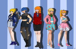 5girls alternate_costume blonde_hair blue_hair brown_eyes cartoon_network crossed_arms deviantart ed_edd_n_eddy green_eyes hands_on_own_hips highres lee_kanker lemonsandorchids33 marie_kanker may_kanker multiple_girls nazz_(ed_edd_n_eddy) orange_hair sarah_(ed_edd_n_eddy) striped_background v