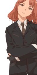 1girl aonori_misuji black_jacket brown_eyes brown_hair cissnei closed_mouth crisis_core_final_fantasy_vii final_fantasy final_fantasy_vii fingerless_gloves formal_clothes gloves jacket long_hair looking_at_viewer necktie shirt simple_background solo suit suit_jacket turks_(ff7) white_background white_shirt