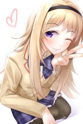 Rule 34 | 1girl, black hairband, black pantyhose, blazer, blonde hair, bow, bowtie, breasts, brown jacket, chaos;head, collared shirt, dress shirt, hairband, heart, jacket, kneeling, lapels, long hair, long sidelocks, looking at viewer, miniskirt, nishijou nanami, notched lapels, one eye closed, pantyhose, plaid bow, plaid bowtie, plaid clothes, plaid skirt, pleated skirt, purple bow, purple bowtie, purple eyes, purple skirt, school uniform, science adventure, shirt, sidelocks, skirt, small breasts, smile, solo, suimei academy school uniform, v, white petticoat, white shirt, yakku