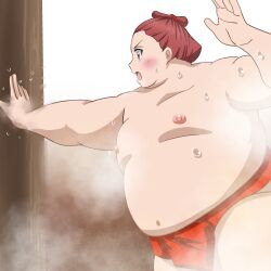 Rule 34 | 1girl, alternate body size, alternate hairstyle, bare shoulders, belly, big belly, blush, breasts, chonmage, collarbone, double chin, ensunder1129, fat, fat woman, fighting, flying sweatdrops, fundoshi, hand up, japanese clothes, love live!, navel, nipples, nishikino maki, obese, open hands, open mouth, outstretched arm, palms, profile, purple eyes, red fundoshi, red hair, serious, short hair, small breasts, solo, standing, steaming body, sumo, sweat, thick arms, topknot, topless female, upper body, v-shaped eyebrows, very short hair, very sweaty, weight gain, white background