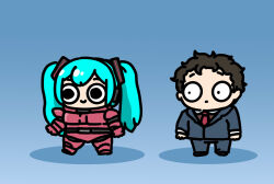 Rule 34 | 1boy, 1girl, afei (sfma3248), blue pants, blue suit, brown hair, char&#039;s counterattack, chibi, commentary, cosplay, crossover, english commentary, formal clothes, gaping, gloves, green hair, gundam, gundam hathaway&#039;s flash, hair ornament, hathaway noa, hatsune miku, long hair, pants, pilot suit, quess paraya, quess paraya (cosplay), red gloves, red suit, short hair, smile, suit, twintails, vocaloid, wide-eyed