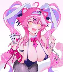 1girl ace_(playing_card) ace_of_hearts animal_ear_fluff animal_ears bare_shoulders black_leotard blush bow bowtie breasts card cleavage clothing_cutout cutout_above_navel detached_collar eyeshadow fake_animal_ears fishnet_pantyhose fishnets hair_ornament heart heart_cutout highres hololive hololive_english large_breasts leotard long_hair looking_at_viewer makeup moa_(21energy12) multicolored_hair object_in_bra open_mouth panther_ears panther_girl panther_tail pantyhose pink_eyeshadow pink_hair playboy_bunny playing_card rabbit_ears rabbit_hole_(vocaloid) raora_panthera ribbon simple_background smile solo streaked_hair tail teardrop_facial_mark twintails virtual_youtuber white_background white_hair x_hair_ornament yellow_eyes