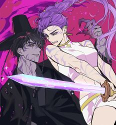 Rule 34 | 1boy, 1girl, alternate form, braid, braided ponytail, clenched teeth, commentary request, demon, eye contact, fingernails, gat (hat), gugusam0, hat, highres, holding, holding sword, holding weapon, jinu (kpop demon hunters), korean clothes, korean commentary, kpop demon hunters, long fingernails, looking at another, pink background, purple hair, rumi (kpop demon hunters), sleeveless, smile, sword, teeth, weapon
