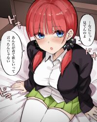 1girl bed black_jacket black_scrunchie blue_eyes blush breasts earrings go-toubun_no_hanayome green_skirt hair_ornament hair_scrunchie highres jacket japanese_text jewelry large_breasts long_hair looking_at_viewer mame1645 nail_polish nakano_nino open_clothes open_jacket pink_nails red_hair scrunchie shirt sitting skirt speech_bubble thighhighs thighs translation_request white_shirt white_thighhighs