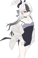 1girl black_choker black_dress black_hair black_horns blue_archive choker closed_mouth collarbone commentary_request demon_horns dress ear_piercing flat_color floating_hair grey_hair grey_jacket hair_between_eyes halo highres horns jacket kayoko_(blue_archive) kayoko_(dress)_(blue_archive) long_hair long_sleeves looking_at_viewer mole mole_on_neck official_alternate_costume official_alternate_hairstyle piercing purple_wings red_eyes simple_background single_wing solo standing ugai0524 white_background wings