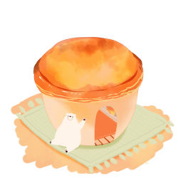animal animal_focus arm_up bear carpet chai_(drawingchisanne) commentary cushion doorway food food_focus house lying no_humans on_back original pie polar_bear pot red_carpet signature simple_background sitting souffle_(food) tassel undersized_animal waving white_background