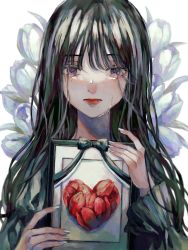 black_bow black_hair blunt_bangs bow crying crying_with_eyes_open flower framed_image heart highres long_hair looking_at_viewer mole mole_under_eye mole_under_mouth oo6 original picture_frame red_flower red_lips solo tears tulip upper_body wavy_hair