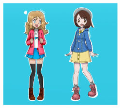 Rule 34 | 2girls, alternate costume, ankle boots, aqua background, arms at sides, black thighhighs, blonde hair, blue eyes, boots, breasts, brown eyes, brown hair, clenched hands, dress, fankifalu, feet up, female focus, full body, gloria (pokemon), hair between eyes, hands up, happy, hat, heart, highres, jacket, knees, legs, long hair, long sleeves, looking at another, looking to the side, matching hair/eyes, medium hair, messy hair, multiple girls, neck, nintendo, no headwear, official alternate costume, open clothes, open jacket, open mouth, pokemon, pokemon masters ex, pokemon swsh, pokemon xy, serena (pokemon), sidelocks, simple background, small breasts, socks, star-shaped pupils, star (symbol), swept bangs, symbol-shaped pupils, tam o&#039; shanter, thighhighs