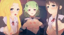 3d 3girls alfin_reise_arnor animated animated_gif black_hair blonde_hair blue_eyes breasts breasts_out breasts_squeezed_together eiyuu_densetsu elise_schwarzer expressionless falcom holding_own_arm grabbing_own_breast green_hair grey_shirt hair_between_eyes hair_ornament hairclip koikatsu_(medium) long_hair looking_at_viewer medium_breasts midriff multiple_girls musse_egret naughty_face nipples open_clothes open_mouth open_shirt paizuri_invitation parted_bangs princess purple_eyes sen_no_kiseki sen_no_kiseki_(series) sen_no_kiseki_i sen_no_kiseki_iv shirt short_hair smile tongue ugoira