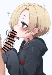 1boy 1girl absurdres bar_censor black_eyes black_hoodie blonde_hair censored cum cum_in_mouth cum_on_tongue ear_piercing erection fellatio from_side hair_over_one_eye heart heart-shaped_pupils hetero highres hood hood_down hoodie idolmaster idolmaster_cinderella_girls komodj licking licking_penis loli oral penis piercing shirasaka_koume short_hair simple_background sleeves_past_fingers sleeves_past_wrists solo_focus sound_effects symbol-shaped_pupils white_background