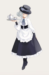 1girl absurdres alternate_costume apron ascot black_boots black_corset black_hat black_skirt blue_ascot blue_bow boater_hat boots bow closed_mouth collared_shirt corset cup enmaided frilled_apron frilled_skirt frills full_body grey_background grey_eyes grey_hair hair_bun hair_over_one_eye half-closed_eyes hand_up hat hat_bow highres holding holding_tray long_skirt long_sleeves looking_down looking_to_the_side maid mao_(1642598405) one_eye_covered puffy_long_sleeves puffy_sleeves reverse:1999 saucer shirt short_hair single_side_bun skirt solo standing teacup teapot tray vertin_(reverse:1999) waist_apron white_apron white_shirt
