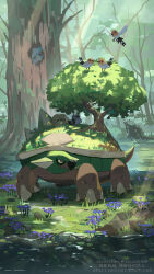 bird commentary_request day fletchling flower flying forest gen_4_pokemon gen_5_pokemon gen_6_pokemon gen_7_pokemon grass highres kouseki_(ujyh7732) light_rays looking_up nature nintendo no_humans outdoors pachirisu pidove pokemon pokemon_(creature) purple_flower rowlet scenery torterra tree twitter_username water watermark
