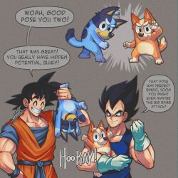 2boys 2girls bingo_heeler black_hair bluey bluey_heeler commentary crossover dog dougi dragon_ball dragonball_z english_commentary english_text fabarts fighting_stance gloves highres leg_grab lifting_animal looking_at_viewer multiple_boys multiple_girls muscular muscular_male siblings sisters smile son_goku spiked_hair vegeta wristband
