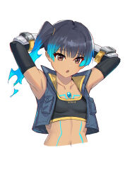 1girl absurdres arms_behind_head blue_hair blue_vest body_markings breasts brown_eyes collarbone commentary_request crop_top cropped_torso fiery_hair glowing_lines glowing_markings highres long_hair navel open_clothes open_mouth open_vest sdhjjjd sena_(xenoblade) side_ponytail simple_background small_breasts solo vest white_background xenoblade_chronicles_(series) xenoblade_chronicles_3