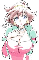 Rule 34 | 1girl, artist request, blue eyes, breasts, brown hair, collarbone, cropped jacket, dated, earrings, female focus, g gundam, gundam, hand on own chest, jewelry, large breasts, lips, looking at viewer, medium hair, rain mikamura, simple background, upper body, white background