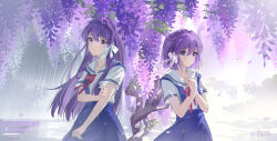 Rule 34 | 2girls, alternate costume, bilibili username, blue eyes, blue skirt, clannad, closed mouth, falling petals, flower request, fujibayashi kyou, fujibayashi ryou, hair intakes, hair ribbon, hand on own chest, harutatsunoki, highres, light frown, long hair, looking at viewer, multiple girls, outdoors, own hands together, petals, purple eyes, purple hair, red ribbon, ribbon, sailor collar, school uniform, shirt, short hair, siblings, sisters, skirt, tree, twins, very long hair, white ribbon, white sailor collar, white shirt