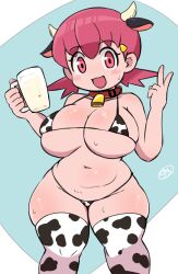 1girl :3 animal_ears animal_print bell bikini blue_background blush breasts cleavage collar collarbone cow_ears cow_girl cow_horns cow_print cowbell cup drink hair_ornament hairclip holding holding_cup holding_drink horns huge_breasts looking_at_viewer low_twintails micro_bikini milk miyazero navel neck_bell nintendo open_mouth pink_eyes pink_hair plump pokemon pokemon_gsc print_bikini print_thighhighs short_hair smile standing sweat swimsuit thick_thighs thighhighs thighs twintails underboob v white_bikini white_thighhighs whitney_(pokemon) wide_hips