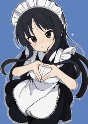 1girl akiyama_mio apron black_eyes black_hair blue_background closed_mouth dot_nose feet_out_of_frame female_focus heart highres k-on! kdm844 long_hair looking_at_viewer maid maid_apron maid_headdress short_sleeves simple_background smile solo