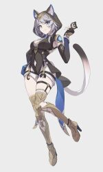 1girl absurdres animal_hood belt black_hood boots cat_girl cat_hood cat_tail cipher_(honkai:_star_rail) ears_through_hood full_body gold_boots grey_background highres honkai:_star_rail honkai_(series) hood hooded_leotard simple_background solo tail thigh_belt thigh_strap tomatology3