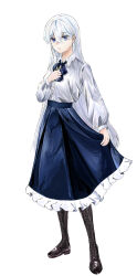 Rule 34 | 1girl, absurdres, black boots, blue eyes, blue hair, blue neckerchief, blue skirt, boots, collared shirt, cross, frilled skirt, frills, full body, high-waist skirt, highres, holding, holding cross, long hair, long sleeves, looking at viewer, multicolored hair, neckerchief, original, pee poncopo, shirt, simple background, skirt, solo, standing, streaked hair, tachi-e, two-tone hair, white background, white hair, white shirt