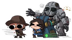 &gt;_&lt; ? annoyed armor artist_name backpack bag black_gloves blue_bodysuit bodysuit boots bottle brotherhood_of_steel brown_footwear cartoonized commentary confused english_commentary fallout fallout_(prime_video) frown gameplay_mechanics gloves grey_pants gun highres looking_down low_ponytail lucy_maclean maximus_(fallout) miyan_(oceanmaiden) open_hands open_mouth pants ponytail power_armor the_ghoul_(fallout_tv_series) toon_(style) walking weapon white_background window_(computing)