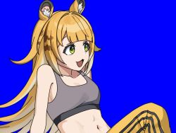 1girl :3 :d animal_ear_fluff animal_ears bare_shoulders blonde_hair blue_background breasts cleavage commentary_request crop_top fang green_eyes highres ju_fufu long_hair manatsu_no_yo_no_inmu midriff navel okomeyama open_mouth pants simple_background small_breasts smile solo sports_bra stomach tiger_ears very_long_hair yellow_pants zenless_zone_zero