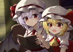 Rule 34 | 2girls, :d, akisome hatsuka, ascot, bat wings, blonde hair, book, collared shirt, commentary request, commission, fang, flandre scarlet, frilled shirt collar, frills, hat, hat ribbon, holding, holding book, long hair, mob cap, multiple girls, open mouth, pointy ears, puffy short sleeves, puffy sleeves, purple hair, red ascot, red eyes, red nails, red ribbon, red skirt, red vest, remilia scarlet, ribbon, shirt, short sleeves, siblings, sisters, skeb commission, skirt, smile, touhou, upper body, vest, white hat, white shirt, white skirt, wings, wrist cuffs, yellow ascot
