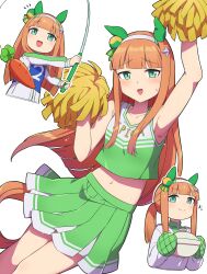 1girl absurdres alternate_costume alternate_hairstyle animal_ears anime_coloring apron arm_up armpits blunt_bangs breasts carrot cheerleader collarbone commentary_request fishing_rod green_eyes hair_ornament headband highres horse_ears horse_girl horse_tail looking_at_viewer orange_hair pom_pom_(cheerleading) sha_(siasha0104) silence_suzuka_(umamusume) sleeveless small_breasts solo sweat tail umamusume umamusume_(anime) white_background