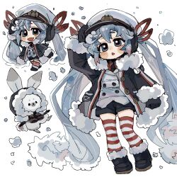 1girl animal black_gloves black_necktie blue_eyes blue_hair blush boots chibi chibi_inset chinese_commentary coat collared_shirt commentary_request dot_nose eyelashes full_body fur-trimmed_coat fur_trim gloves hair_between_eyes hand_on_own_hat hat hatsune_miku long_hair looking_afar looking_at_viewer multiple_views necktie nose_blush parted_lips rabbit rabbit_yukine shirt short_eyebrows shorts sidelocks snow snowflakes striped_clothes striped_thighhighs suuroku thighhighs twintails very_long_hair vest vocaloid white_background white_vest yuki_miku yuki_miku_(2022)