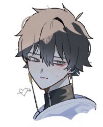 Rule 34 | 1boy, black hair, black shirt, blush, commentary, cropped shoulders, dan heng (honkai: star rail), hair between eyes, hashtag-only commentary, honkai: star rail, honkai (series), iii 0617, looking to the side, male focus, shirt, short hair, sideways glance, simple background, smile, solo, sweatdrop, teeth, white background, zipper, zipper pull tab