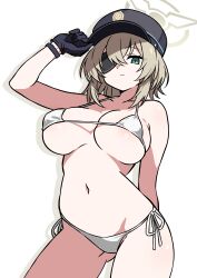 1girl absurdres adjusting_clothes adjusting_headwear alternate_costume arm_behind_back bikini black_gloves black_hat blue_archive breasts brown_hair closed_mouth commentary commission contrapposto cowboy_shot drop_shadow ecgg_(tsuji418477) expressionless eyepatch gloves green_eyes hair_between_eyes halo hand_on_headwear hat highres large_breasts looking_at_viewer micro_bikini navel one_eye_covered peaked_cap pixiv_commission short_hair side-tie_bikini_bottom simple_background solo standing stomach suou_(blue_archive) swimsuit white_background white_bikini wristband yellow_halo
