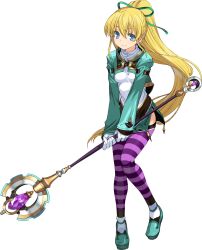 1girl blonde_hair blue_eyes breasts gloves green_footwear hair_ribbon holding holding_staff long_hair looking_at_viewer noah_sailing official_art onono_imoko ponytail rance_(series) rance_03 ribbon small_breasts smile solo staff striped_clothes striped_thighhighs thighhighs transparent_background white_gloves
