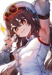 1girl armpits arms_up bare_shoulders breasts brown_hair eyewear_on_head flower-shaped_pupils genshin_impact hat highres hu_tao_(cherries_snow-laden)_(genshin_impact) hu_tao_(genshin_impact) long_hair looking_at_viewer official_alternate_costume red-tinted_eyewear red_eyes red_goggles red_nails round_eyewear small_breasts smile solo symbol-shaped_pupils tinted_eyewear touji_(tozi526) upper_body white_background white_hat yellow-framed_eyewear