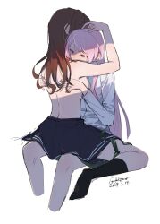 2girls artist_name bang_dream! bang_dream!_it&#039;s_mygo!!!!! black_socks blue_skirt breasts brown_hair chihaya_anon comfort_zoner commentary dated green_necktie grey_eyes hand_on_another&#039;s_head haneoka_school_uniform highres hug invisible_chair kneehighs long_hair long_sleeves medium_breasts multiple_girls nagasaki_soyo necktie pink_hair pleated_skirt school_uniform shade shirt simple_background sitting skirt socks straddling topless_female tsukinomori_school_uniform unworn_necktie white_background white_shirt yuri