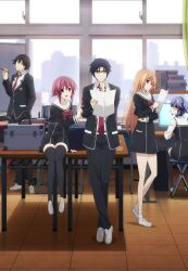 Rule 34 | 2boys, 3girls, anime coloring, arm support, black dress, black hair, black jacket, black pants, black thighhighs, blue hair, bow, bowtie, brown hair, chaos;child, commentary request, dress, full body, glasses, hand in pocket, headphones, hekiho academy, hekiho academy school uniform, highres, holding, holding pen, indoors, itou shinji (chaos;child), jacket, kazuki hana, kurusu nono, long hair, looking at viewer, looking back, miyashiro takuru, multiple boys, multiple girls, necktie, official art, onoe serika, pants, parted lips, pen, pink hair, red bow, red bowtie, red necktie, school, school uniform, shirt, short dress, short hair, sidelocks, sideways glance, sitting, sitting on table, standing, thighhighs, tile floor, tiles, very long hair, white shirt, zettai ryouiki