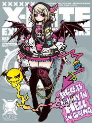 1girl bat_wings belt_chain blonde_hair chain decora demon_boy demon_girl directional_arrow_hair_ornament emoji_hair_ornament english_text engrish_text frutiger_metro graffiti gyaru highres hood hoodie horns imp long_socks no_shoes original pink_eyes profanity project.c.k. ranguage rokku_gyaru skull tattoo wings